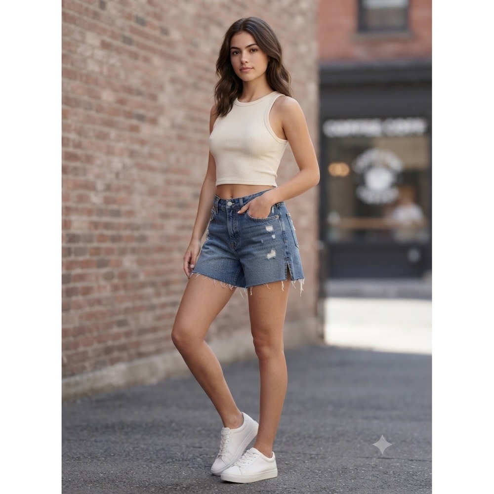 PacSun Denim Shorts Women 26 Blue High Waisted Button Fly Distressed Raw Hem